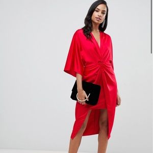 ASOS DESIGN satin knot front kimono midi dress
